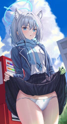 Rule 34 | 1girl, absurdres, black skirt, blue archive, blue eyes, clothes pull, grey hair, highres, looking at viewer, outdoors, panties, shiroko (blue archive), short hair, skirt, skirt pull, solo, underwear, xia 0328