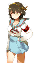 Rule 34 | 1girl, armband, brown hair, collarbone, frown, hair ribbon, hand on own hip, highres, one eye closed, red ribbon, ribbon, safety pin, school uniform, serafuku, short hair, simple background, solo, suzumiya haruhi, suzumiya haruhi no yuuutsu, white background, wind, wink, yellow eyes, yellow ribbon, yuukyuu ponzu