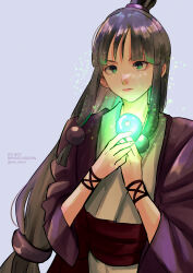 Rule 34 | 1girl, absurdres, ace attorney, beads, black eyes, black hair, closed mouth, eyelashes, glowing, grey background, hair beads, hair ornament, highres, japanese clothes, long hair, long sleeves, magatama, maya fey, rat nkmi, solo, twitter username, upper body, very long hair, wide sleeves