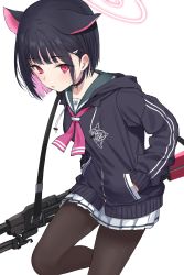 Rule 34 | 1girl, animal ears, black choker, black hair, blue archive, blue sailor collar, bren lmg, cat ears, choker, colored inner hair, commentary request, deca purio, gun, hair ornament, hairclip, halo, hands in pockets, highres, hood, hooded jacket, jacket, kazusa (blue archive), light machine gun, machine gun, miniskirt, multicolored hair, neckerchief, pantyhose, pink hair, pink neckerchief, pleated skirt, red eyes, sailor collar, short hair, skirt, solo, standing, standing on one leg, two-tone hair, weapon, white skirt