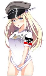 Rule 34 | 1girl, 2018 fifa world cup, absurdres, adidas, alternate costume, bismarck (kancolle), blonde hair, blue eyes, bottomless, breasts, clothes writing, cross, german text, germany, hat, highres, imperial german flag, iron cross, kantai collection, long hair, looking at viewer, military hat, no panties, no pants, peaked cap, soccer, soccer uniform, solo, sportswear, transparent background, white background, world cup