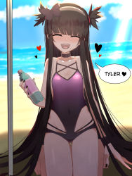 Rule 34 | 1girl, at2., bare arms, bare shoulders, beach, black lips, black nails, bottle, breasts, brown hair, butterfly hair ornament, closed eyes, collarbone, covered navel, day, facing viewer, gluteal fold, hair ornament, hairband, heart, highres, holding, long hair, merryweather, mole, mole under mouth, nail polish, ocean, one-piece swimsuit, open mouth, ophelia (merryweather), original, outdoors, purple one-piece swimsuit, sand, small breasts, solo, speech bubble, spoken heart, swimsuit, very long hair