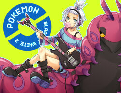 Rule 34 | 1girl, black footwear, black tank top, blue eyes, boots, blowing bubbles, copyright name, creatures (company), crossed legs, game freak, gen 5 pokemon, guitar, headphones, holding, holding instrument, instrument, music, nintendo, playing instrument, pokemon, pokemon (creature), pokemon bw2, roxie (pokemon), scolipede, shirt, short hair, sitting, striped clothes, striped shirt, tank top, twitchhhhh, white hair, yellow background