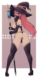Rule 34 | 1girl, anus, ass, boots, brown eyes, commission, elbow gloves, gloves, hat, high heels, highres, lamb-oic029, long hair, looking at viewer, mouth veil, nipples, orange hair, original, panties, pixiv commission, revealing clothes, side-tie panties, staff, thigh boots, thighhighs, thong, topless, underwear, veil, witch, witch hat