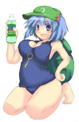 Rule 34 | 1girl, backpack, bag, belly, blue eyes, blue hair, blush, bottle, breasts, cleavage, crot (pixiv), female focus, hair bobbles, hair ornament, hat, kawashiro nitori, key, kuroto (asgardh), large breasts, matching hair/eyes, one-piece swimsuit, ribbon, school swimsuit, seiza, short hair, sitting, solo, swimsuit, touhou, two side up