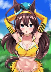 Rule 34 | 1girl, :o, absurdres, ahoge, animal ears, armpits, arms up, ball, bare shoulders, blue eyes, blue sky, blush, breasts, brown hair, cleavage, cloud, collarbone, commentary request, cowboy shot, crop top, day, dodgeball, ear ornament, elbow gloves, gloves, groin, hair between eyes, hairband, highres, holding, holding ball, horse ears, horse girl, horse tail, large breasts, long hair, looking at viewer, midriff, mihono bourbon (mission mental nutrition) (umamusume), mihono bourbon (umamusume), navel, open mouth, partial commentary, pleated skirt, shinonome halltro, shirt, sidelocks, skirt, sky, sleeveless, sleeveless shirt, solo, standing, tail, umamusume, yellow gloves, yellow shirt, yellow skirt