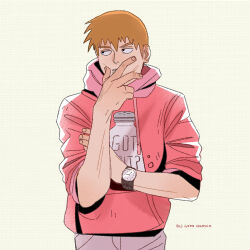 Rule 34 | 1boy, artist name, black eyes, blonde hair, commentary, english commentary, gatoiberico, hand on own arm, hand on own face, highres, hood, hood down, hoodie, looking to the side, male focus, mob psycho 100, print hoodie, red hoodie, reigen arataka, salt shaker, short hair, simple background, solo, watch, wristwatch