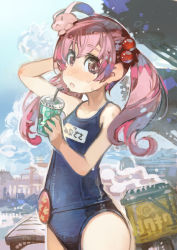 Rule 34 | 1girl, cloud, commentary request, cup, hair tie, hand on own head, highres, holding, holding cup, kantai collection, konno takashi, looking at viewer, one-piece swimsuit, open mouth, pink eyes, pink hair, rabbit, sazanami (kancolle), school swimsuit, skyline, solo, sweatdrop, swimsuit, tree, twintails