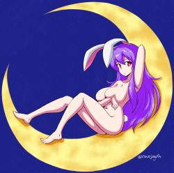 Rule 34 | 1girl, absurdres, animal ears, breast hold, breasts, cleavage, collarbone, commentary, commentary request, crescent moon, full body, highres, large breasts, light purple hair, long hair, looking at viewer, moon, mysteryjogo64, nipples, nude, on crescent, open mouth, purple hair, rabbit ears, rabbit tail, red eyes, reisen udongein inaba, sitting on moon, sky, solo, star (sky), star (symbol), starry sky, tail, touhou, very long hair