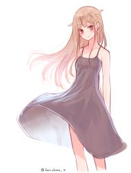 Rule 34 | alternate costume, bad id, bad pixiv id, bare shoulders, black dress, blonde hair, breasts, collarbone, cropped legs, dress, hair flaps, hair ornament, hairclip, harukana (harukana 10), kantai collection, looking at viewer, medium breasts, red eyes, simple background, sleeveless, sleeveless dress, smile, solo, twitter username, white background, yuudachi (kancolle), yuudachi kai ni (kancolle)