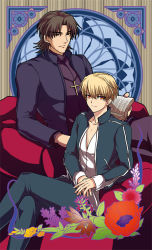 Rule 34 | 2boys, bad id, bad pixiv id, blonde hair, book, brown hair, fate/stay night, fate (series), flower, gilgamesh (fate), kotomine kirei, male focus, multiple boys, official alternate costume, red eyes, redby623, smile