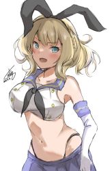 Rule 34 | 1girl, black hairband, black neckerchief, black panties, blonde hair, blue eyes, blue sailor collar, blue skirt, braid, breasts, calin, colorado (kancolle), commentary request, cosplay, cowboy shot, crop top, dated, elbow gloves, gloves, hairband, highleg, highleg panties, highres, kantai collection, large breasts, microskirt, miniskirt, neckerchief, panties, pleated skirt, sailor collar, shimakaze (kancolle), shimakaze (kancolle) (cosplay), short hair, side braids, simple background, skirt, solo, underwear, white background, white gloves