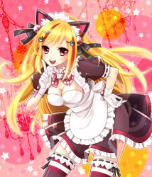 Rule 34 | 1girl, :d, animal ears, apron, bad id, bad pixiv id, beatmania, beatmania iidx, blonde hair, bow, bowtie, breasts, chandelier, cleavage, fake animal ears, frilled apron, frilled skirt, frilled thighhighs, frills, gloves, hair ornament, hairband, hairclip, hand on own hip, leaning forward, long hair, looking at viewer, maid, maid apron, maid headdress, open mouth, polka dot, polka dot bow, red eyes, semi-transparent, short sleeves, skirt, smile, solo, stardrop, the knee socks princess of glass, thighhighs, white gloves, zettai ryouiki