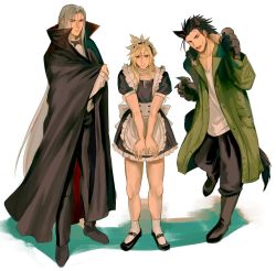 Rule 34 | 3boys, alternate costume, animal ears, apron, back bow, black cloak, black dress, black footwear, black hair, black pants, blonde hair, blue eyes, blush, boots, bow, bowtie, cloak, cloud strife, coat, collared shirt, crossdressing, dress, facial scar, fang, final fantasy, final fantasy vii, final fantasy vii remake, frilled apron, frills, full body, green coat, grey hair, hair between eyes, hair slicked back, halloween, halloween costume, high collar, jjn ff7, kemonomimi mode, long hair, long sleeves, looking at viewer, maid, maid apron, maid headdress, male focus, mary janes, medium hair, multiple boys, open collar, open mouth, pants, parted bangs, puffy short sleeves, puffy sleeves, scar, scar on cheek, scar on face, sephiroth, shirt, shoes, short sleeves, sideburns, simple background, spiked hair, standing, straight hair, sweatdrop, tail, v arms, vampire costume, wavy hair, werewolf costume, white background, white shirt, wolf ears, wolf paws, wolf tail, zack fair