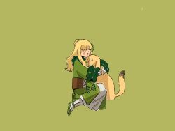 Rule 34 | 1girl, audrey hall, blonde hair, blush, chinese commentary, commentary request, corset, dog, dress, closed eyes, fyy2333, gloves, golden retriever, green background, green dress, green footwear, green ribbon, highres, hug, long hair, long sleeves, lord of the mysteries, on floor, ribbon, simple background, susie (lord of the mysteries), white gloves, white legwear