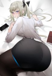 Rule 34 | 1girl, absurdres, ass, black bow, black skirt, blouse, blue eyes, bow, bra, braid, breasts, brown pantyhose, collared shirt, dress shirt, fate/grand order, fate (series), french braid, grey hair, hair bow, highres, large breasts, long hair, long sleeves, looking at viewer, looking back, morgan le fay (chaldea satellite station) (fate), morgan le fay (fate), office lady, pantyhose, pencil skirt, ponytail, san (harutuki 3), see-through, see-through shirt, shirt, sidelocks, skirt, solo, thighs, underwear, very long hair, white shirt