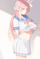 Rule 34 | 1girl, blue archive, blush, braid, breasts, clothes lift, enosan, green eyes, halo, hanako (blue archive), highres, large breasts, long hair, looking at viewer, navel, pink hair, pleated skirt, sailor collar, shirt, shirt lift, short sleeves, side braid, skirt, smile, solo, thighs, underboob, white shirt, white skirt