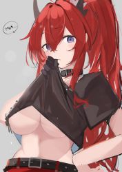 Rule 34 | 1girl, arknights, asususususu, belt, belt buckle, black gloves, black shirt, blue eyes, blush, breasts, buckle, closed mouth, clothes lift, collar, cowboy shot, english text, gloves, hand on own hip, highres, horns, large breasts, lifted by self, long hair, looking at viewer, no bra, official alternate costume, ponytail, red hair, shirt, shirt lift, short sleeves, sidelocks, single glove, solo, speech bubble, surtr (arknights), surtr (liberte echec) (arknights), underboob, very long hair