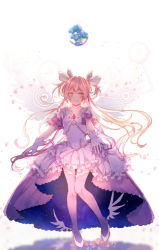 Rule 34 | 1girl, aiha (s1229aiha), arm at side, backlighting, blush, choker, dress, floating hair, frilled dress, frills, full body, gloves, hair ribbon, kaname madoka, long dress, long hair, looking at viewer, mahou shoujo madoka magica, mahou shoujo madoka magica (anime), outstretched hand, petals, pink hair, pink thighhighs, ribbon, shadow, short sleeves, short twintails, simple background, smile, solo, soul gem, thighhighs, thighs, twintails, two side up, ultimate madoka, very long hair, white background, white dress, white footwear, white gloves, white neckwear, white ribbon, yellow eyes, zettai ryouiki