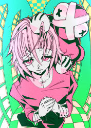 1boy architecture checkered_floor collar crona_(soul_eater) dress gothic_architecture grabbing_another&#039;s_hair highres male_focus medium_hair own_hands_together pink_collar pink_dress pink_eyes pink_hair pointy_nose ragnarok_(demon_sword) soul_eater teeth trap user_zkvj8284 variant_set white_sleeve_cuffs