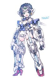 Rule 34 | 1girl, black hair, boots, breasts, clenched hands, extra arms, green eyes, gundam, gundam 00, gundam exia, highres, mecha musume, mechanical arms, medium breasts, armored boots, open hands, open mouth, personification, rondo bell, short hair, smile, solo, standing, thigh boots, thighhighs, v-fin