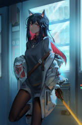 Rule 34 | 1girl, absurdres, animal ear fluff, animal ears, arknights, black hair, black pantyhose, black shirt, breasts, can, commentary, cowboy shot, gloves, hair between eyes, highres, holding, holding can, holding sword, holding weapon, jacket, jewelry, long hair, long sleeves, looking at viewer, multicolored hair, necklace, off shoulder, official alternate costume, open clothes, open jacket, pantyhose, red eyes, red hair, shirt, shoes, short shorts, shorts, small breasts, sneakers, solo, standing, standing on one leg, starlab, sword, texas (arknights), texas (winter messenger) (arknights), thighs, vending machine, weapon, white jacket, white pantyhose, white shorts, wide sleeves, wolf ears