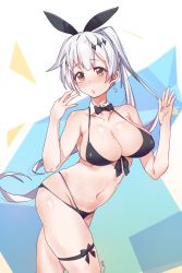 Rule 34 | 1girl, aningay, arched back, bad id, bad twitter id, bikini, black bikini, bow, bowtie, breasts, brown eyes, cleavage, collarbone, commentary, contrapposto, cowboy shot, detached collar, earrings, five-seven (cruise queen) (girls&#039; frontline), five-seven (girls&#039; frontline), girls&#039; frontline, hair ornament, hair ribbon, halterneck, highres, jewelry, large breasts, leg ribbon, long hair, looking at viewer, multi-strapped bikini bottom, multi-strapped bikini top, navel, official alternate costume, ponytail, ribbon, silver hair, simple background, single earring, solo, standing, swimsuit, thigh ribbon, very long hair