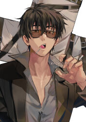 Rule 34 | 1boy, black coat, black hair, black straps, buttons, candy, cigarette, coat, collared shirt, commentary, cross, food, hair between eyes, holding, holding cigarette, kadeart, lollipop, looking at viewer, male focus, nicholas d. wolfwood, open clothes, open coat, open mouth, shirt, short hair, simple background, solo, strap, sunglasses, trigun, trigun stampede, twitter username, white background, white shirt
