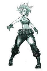 Rule 34 | 1girl, armpits, bare shoulders, belt, boots, breasts, cargo pants, cleavage, closed mouth, collarbone, combat boots, crop top, cross-laced footwear, earrings, fatal fury, full body, gas can, gloves, hungry clicker, jewelry, lace-up boots, leona heidern, long hair, medium breasts, midriff, military, military uniform, monochrome, muscular, muscular female, navel, pants, ponytail, snk, solo, standing, tank top, the king of fighters, the king of fighters xiii, uniform, white background