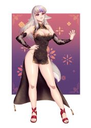 Rule 34 | absurdres, alternate costume, animal ears, black nails, breasts, china dress, chinese clothes, commission, commissioner upload, covered navel, dress, fire emblem, fire emblem fates, fire emblem heroes, high heels, highres, large breasts, lialiar1, multicolored hair, nail polish, nintendo, no panties, resolution mismatch, smug, solo, source smaller, streaked hair, tail, thick thighs, thighs, velouria (fire emblem), wolf ears, wolf tail