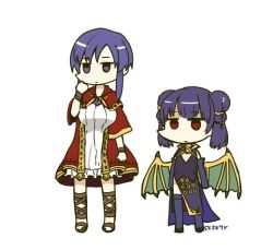 Rule 34 | 2girls, artist name, bad id, bad twitter id, cape, cosplay, costume switch, dragon wings, dress, elbow gloves, fire emblem, fire emblem: the blazing blade, fire emblem: the sacred stones, fire emblem heroes, gloves, long hair, multi-tied hair, multiple girls, myrrh (fire emblem), myrrh (fire emblem) (cosplay), nintendo, purple hair, sandals, short hair, side slit, simple background, sksk7r, thighhighs, twintails, ursula (fire emblem), ursula (fire emblem) (cosplay), white background, white dress, wings