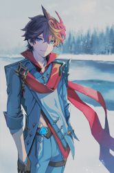 Rule 34 | 1boy, blue eyes, closed mouth, day, genshin impact, gloves, hair between eyes, highres, jacket, looking at viewer, male focus, mask, mask on head, outdoors, pants, red mask, red scarf, scarf, snow, snowing, solo, tartaglia (genshin impact), togatamaki, tree, vision (genshin impact), water