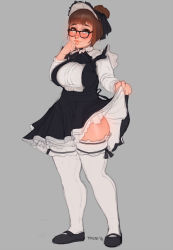 Rule 34 | 1girl, alternate costume, black-framed eyewear, blunt bangs, blush, breasts, brown eyes, brown hair, clothes lift, curvy, dress, dress lift, enmaided, frilled thighhighs, frills, full body, glasses, grey background, hair ornament, hair ribbon, hair stick, large breasts, lips, maid, mary janes, mei (overwatch), overwatch, overwatch 1, ribbon, shoes, short hair, solo, thick thighs, thighhighs, thighs, triuni, white thighhighs