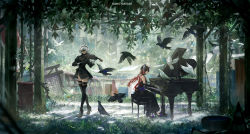 Rule 34 | 2b (nier:automata), 2girls, absurdres, bare shoulders, bird, black blindfold, black dress, black gloves, black hair, blindfold, boots, chair, closed eyes, closed mouth, crossover, crow, dove, dress, elbow gloves, full body, gloves, hair between eyes, high heels, highres, holding, holding instrument, holding violin, instrument, leotard, long sleeves, lucia (punishing: gray raven), multiple girls, music, nier:automata, nier (series), piano, playing instrument, punishing: gray raven, scenery, short hair, sitting, standing, thigh boots, thighhighs, violin, white gloves, white hair, wide shot, zzz (orchid-dale)