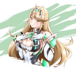 Rule 34 | 1girl, blonde hair, breasts, circlet, cleavage, cleavage cutout, closed mouth, clothing cutout, dress, earrings, elbow gloves, gloves, highres, jewelry, large breasts, long hair, mythra (xenoblade), myukom, smile, solo, swept bangs, upper body, white background, white dress, white gloves, xenoblade chronicles (series), xenoblade chronicles 2, yellow eyes