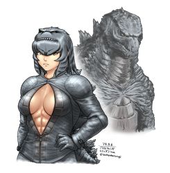 Rule 34 | 1girl, abs, arm at side, armor, breasts, closed mouth, collared jacket, commentary request, dated, gloves, godzilla, godzilla (2014), godzilla (series), grey hair, hair between eyes, hair ornament, hairband, hand on own hip, high collar, jacket, kaijuu, kemono friends, lips, long sleeves, looking at viewer, medium breasts, medium hair, monster, monsterverse, no bra, open clothes, open jacket, orange eyes, original, partially unzipped, personification, shoulder armor, sidelocks, simple background, solo, stomach, taikyokuturugi, tail, toned, twitter username, upper body, v-shaped eyebrows, white background, zipper, zipper pull tab