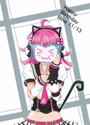 Rule 34 | 1girl, animal ear headphones, animal ears, animal print, arm warmers, artist name, artist request, belt, black sailor collar, blunt bangs, blush, breasts, cat ear headphones, cat print, cat tail, checkered clothes, checkered skirt, collarbone, crown print, dokipipo emotion, dokipipo emotion (love live!), eating, fake animal ears, female focus, flat chest, fork, hair ornament, hand on own cheek, hand on own face, head-mounted display, headphones, heart, heart (symbol), heart print, holding, holding fork, looking at viewer, love live!, love live! nijigasaki high school idol club, love live! school idol festival, mask, miniskirt, neckerchief, necktie, parted lips, pink belt, pink hair, pink neckerchief, pink necktie, plaid, plaid skirt, pleated, pleated skirt, puffy short sleeves, puffy sleeves, sailor collar, screen, shirt, short hair, short sleeves, skirt, small breasts, smile, solo, star (symbol), star hair ornament, star print, striped, striped sleeves, suspenders, tail, tennoji rina, white background, white shirt, white skirt