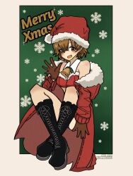 Rule 34 | 1girl, bell, black footwear, black gloves, boots, brown eyes, brown hair, christmas, coat, crop top, cross-laced footwear, dated, fang, full body, fur-trimmed coat, fur-trimmed hood, fur-trimmed shirt, fur trim, girls und panzer, gloves, green background, hat, highres, hood, hooded coat, invisible chair, lace-up boots, leoponchiaki, long sleeves, merry christmas, neck bell, off shoulder, open clothes, open coat, open mouth, outside border, red coat, red hat, red shirt, santa hat, shirt, short hair, sitting, skin fang, smile, snowflakes, solo, tsuchiya (girls und panzer), twitter username, waving, wing collar