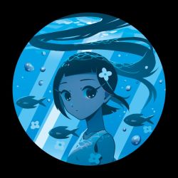 Rule 34 | 1girl, appi, black hair, blue theme, blunt bangs, bubble, caustics, circle, dress, expressionless, fish, floating hair, flower, from side, hair flower, hair ornament, long hair, looking at viewer, original, ponytail, portrait, sidelocks, solo, underwater, white flower
