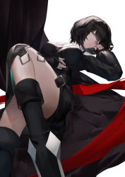 Rule 34 | 1girl, alchemy stars, belt, black dress, black footwear, black hair, blazpu, boots, breasts, dress, green eyes, highres, knee up, lenore (alchemy stars), long sleeves, looking at viewer, lying, medium breasts, on back, parted lips, puffy long sleeves, puffy sleeves, shirt, short hair, sleeves past wrists, solo, streamers, white shirt