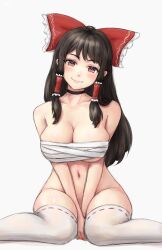 Rule 34 | 1girl, bad anatomy, bare shoulders, between legs, black choker, black hair, blush, bottomless, bow, breasts, choker, cleavage, closed mouth, feet out of frame, freckles, frilled hair tubes, frills, hair bow, hair tubes, hakurei reimu, hand between legs, head tilt, highres, large breasts, long hair, looking at viewer, navel, no panties, nose blush, pink eyes, protected link, red bow, ribbon-trimmed legwear, ribbon trim, sarashi, sidelocks, simple background, sitting, skindentation, smile, solo, thighhighs, touhou, v arms, very long hair, wariza, white background, white thighhighs, yyf (seaknight)