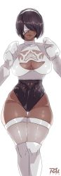 Rule 34 | 1girl, artist name, black leotard, boots, breasts, cleavage cutout, clothing cutout, commentary request, covered eyes, dark-skinned female, dark skin, facing viewer, hairband, headband, juliet sleeves, large breasts, leotard, lips, long sleeves, mole, mole under mouth, nier:automata, nier (series), parted lips, puffy sleeves, r3dfive, short hair, simple background, solo, soul calibur, soulcalibur, soulcalibur vi, thick thighs, thigh boots, thighhighs, thighs, white background, white headband, white thighhighs, 2b (nier:automata), 2p (nier:automata)