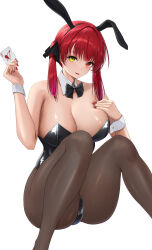 Rule 34 | 1girl, absurdres, animal ears, bare shoulders, black bow, black bowtie, black leotard, black pantyhose, black ribbon, blush, bow, bowtie, breasts, card, cleavage, detached collar, fake animal ears, hair ribbon, heterochromia, highres, holding, holding card, hololive, houshou marine, huge breasts, laimer, large breasts, leotard, long hair, looking at viewer, nail polish, open mouth, pantyhose, playboy bunny, playing card, rabbit ears, red eyes, red hair, red nails, ribbon, smile, solo, strapless, strapless leotard, twintails, virtual youtuber, white background, wrist cuffs, yellow eyes