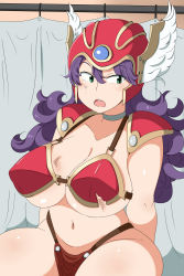 Rule 34 | 1girl, aaa (nisetsuru), arm support, armor, bare legs, bikini armor, blush, breasts, choker, cleavage, curly hair, dragon quest, dragon quest iii, green eyes, head wings, helmet, highres, indoors, injury, large breasts, legs, long hair, looking to the side, navel, open mouth, pelvic curtain, purple hair, shoulder pads, sitting, soldier (dq3), solo, thick thighs, thighs, wavy hair, wings