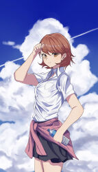 1girl absurdres bare_arms black_skirt blue_sky bottle brown_eyes brown_hair cardigan cardigan_around_waist choker closed_mouth clothes_around_waist cloud cloudy_sky collared_shirt commentary_request cowboy_shot cumulonimbus_cloud from_side gekkoukan_high_school_uniform hair_between_eyes hand_up highres holding holding_bottle looking_at_viewer looking_to_the_side miniskirt official_alternate_costume outdoors persona persona_3 pink_cardigan pleated_skirt ribbed_cardigan s-m-53413 school_uniform shirt short_hair short_sleeves skirt sky smile solo summer_uniform takeba_yukari water_bottle white_choker white_shirt