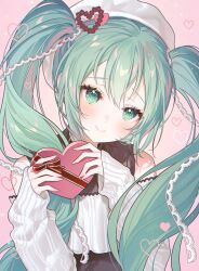 Rule 34 | 1girl, blush, box, closed mouth, detached sleeves, floating hair, fymrie, green eyes, green hair, hair ornament, hat, hatsune miku, head tilt, heart, heart-shaped box, heart hair ornament, highres, holding, holding box, long hair, long sleeves, looking at viewer, pink background, shirt, sleeves past wrists, smile, solo, twintails, upper body, valentine, very long hair, vocaloid, white hat, white shirt