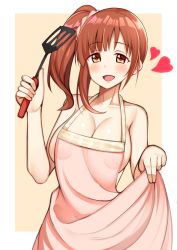 Rule 34 | 1girl, absurdres, apron, apron lift, areola slip, bare shoulders, blunt bangs, blush, bow, breasts, brown eyes, brown hair, clothes lift, collarbone, hair bow, hair ornament, hair scrunchie, heart, highres, idolmaster, idolmaster cinderella girls, igarashi kyoko, large areolae, large breasts, lifted by self, long hair, looking at viewer, naked apron, nipples, one side up, open mouth, pink lips, puffy nipples, scrunchie, shiny skin, side ponytail, sideboob, spoken heart, suzutarou gunsou, upper body