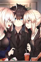 Rule 34 | 1girl, 2girls, absurdres, ahoge, arm grab, artoria pendragon (all), artoria pendragon (fate), black hair, black jacket, black neckwear, black shirt, blonde hair, blue eyes, blue jacket, blush, breasts, cleavage, closed mouth, collared shirt, cup, drinking straw, dripping, eye contact, fang, fast food, fate/grand order, fate (series), food, fujimaru ritsuka (male), fujimaru ritsuka (male) (royal brand), fur-trimmed jacket, fur trim, girl sandwich, hair between eyes, hetero, highres, indoors, jacket, jeanne d&#039;arc (fate), jeanne d&#039;arc alter (fate), jeanne d&#039;arc alter (ver. shinjuku 1999) (fate), jewelry, looking at another, medium breasts, multiple girls, necklace, necktie, nervous smile, official alternate costume, open clothes, open jacket, open mouth, pendant, ponytail, ranf, saber alter, saber alter (ver. shinjuku 1999) (fate), sandwiched, shirt, short hair, small breasts, smile, sweat, table, upper body, v-shaped eyebrows, wing collar, yellow eyes