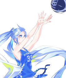 Rule 34 | 1girl, 39, absurdly long hair, absurdres, b. league, ball, bare arms, basketball, basketball (object), basketball uniform, belt, blue eyes, blue hair, blue shirt, commentary, floating hair, from side, hatsune miku, highres, jersey, light blue hair, long hair, looking up, monq, pleated skirt, shirt, simple background, skirt, snowflake print, solo, sportswear, throwing, twintails, upper body, v-shaped eyebrows, very long hair, vocaloid, white background, white skirt, yuki miku, yuki miku (2010)