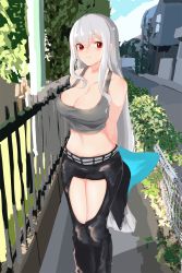 Rule 34 | 1girl, arknights, arms behind back, bare shoulders, black pants, blush, breasts, building, cleavage, closed mouth, clothing cutout, collarbone, commentary, day, feet out of frame, fence, grey tank top, hair between eyes, highres, inniyik, large breasts, long hair, looking at viewer, midriff, navel, outdoors, pants, red eyes, road, silver hair, skadi (arknights), solo, standing, street, tank top, thigh cutout, tree, very long hair